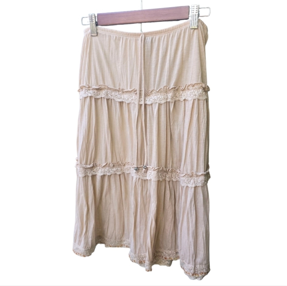 90s Y2k FANG Tan Tiered Lace Ruffled Sequined Boho Skirt - Picture 7 of 7